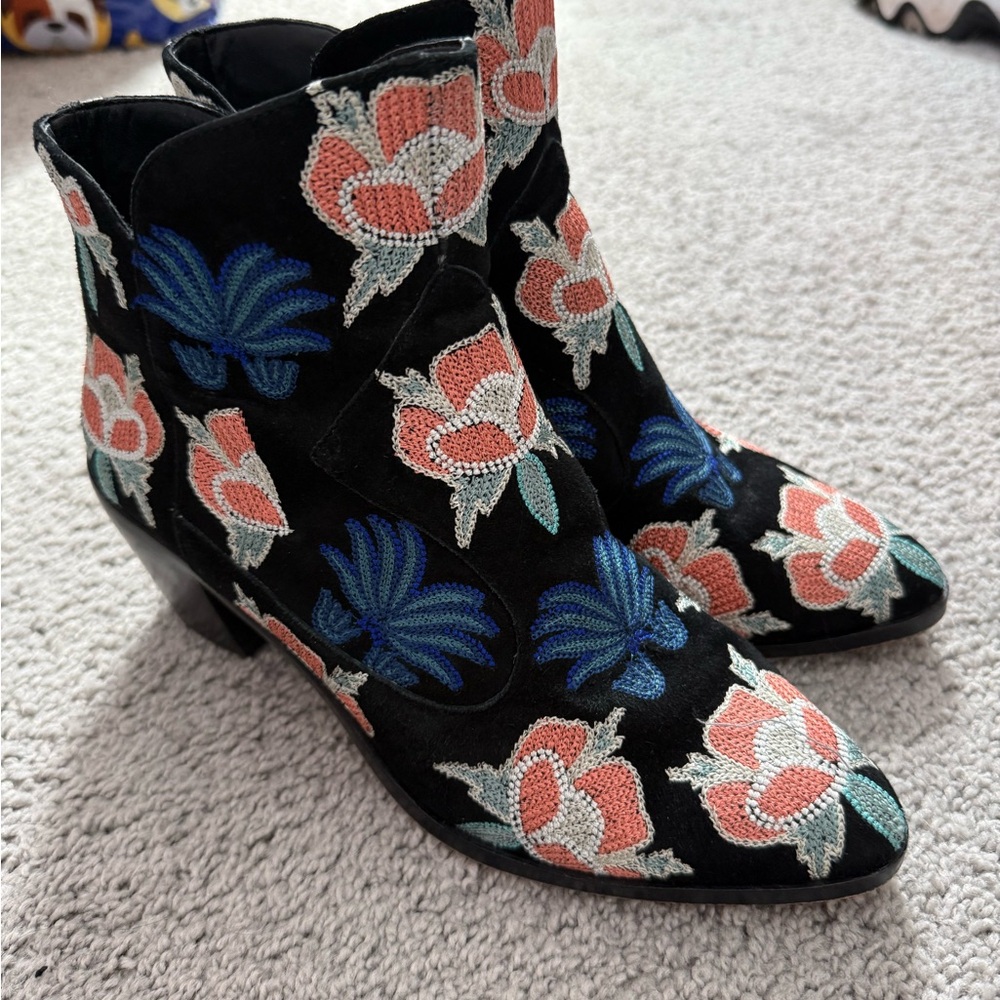 Rebecca Minkoff Black Suede Ankle Boots with Coral & Blue Floral Embroidery
